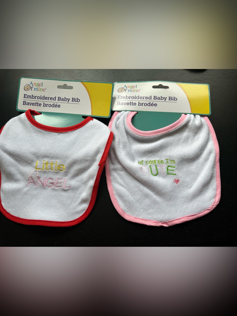 Baby Bibs (2) Embroidered “Little Angel” & “Of course I’m cute”. Red. Pink.Girl.